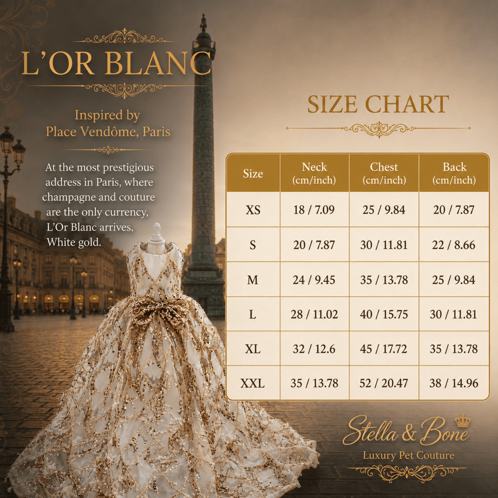 L Or Blanc size chart, a luxury gown created for dogs. Pure perfection for weddings, special occasions