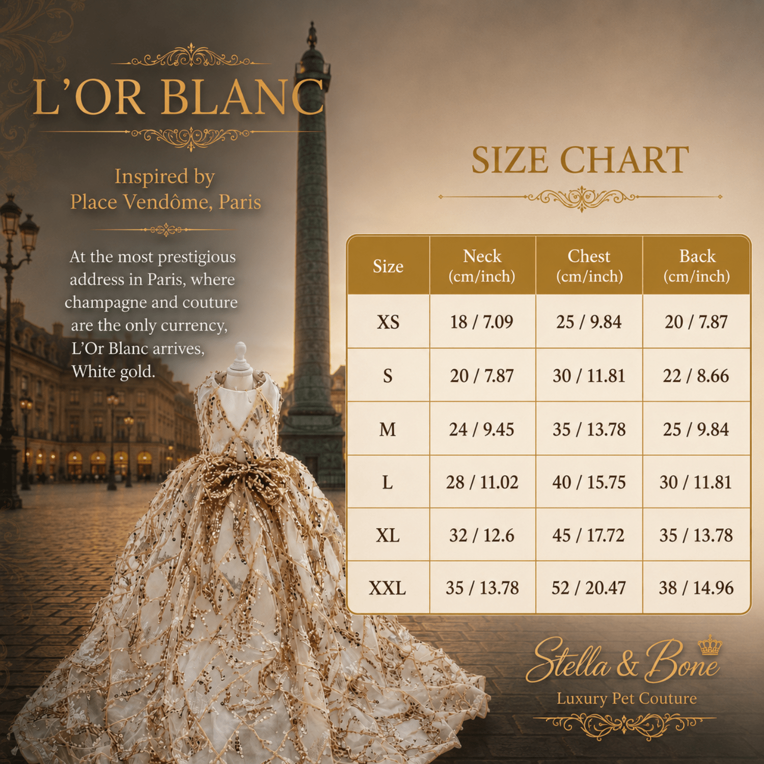 L Or Blanc size chart, a luxury gown created for dogs. Pure perfection for weddings, special occasions