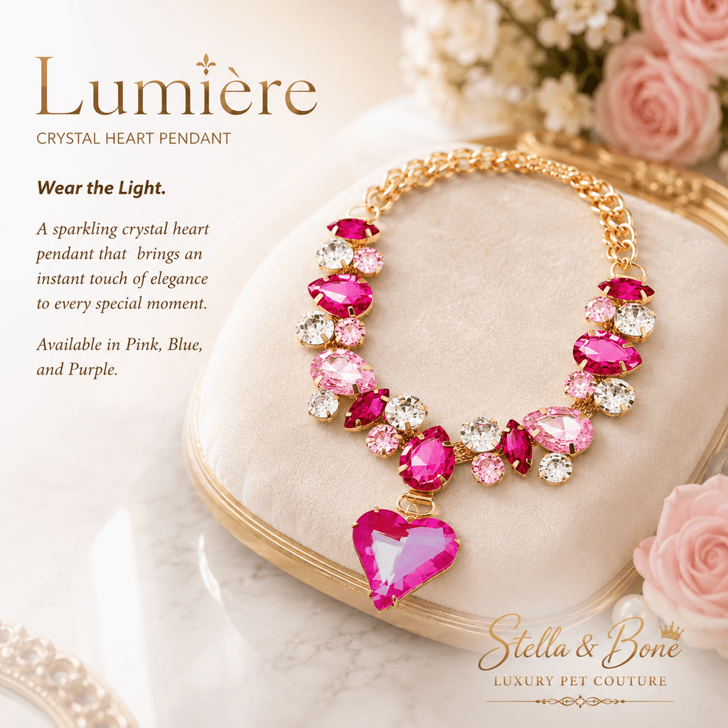 Close up of Lumiere pink crystal heart pendant necklace for dogs or cats on gold chain for dog wedding or birthday gift