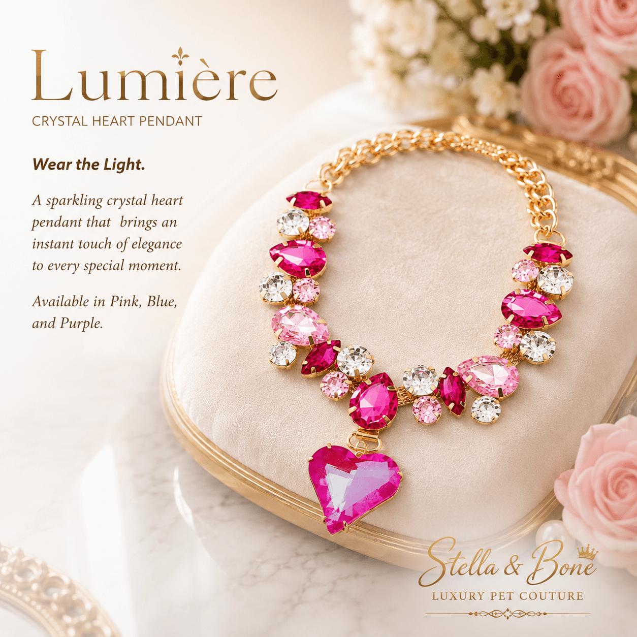 Close up of Lumiere pink crystal heart pendant necklace for dogs or cats on gold chain for dog wedding or birthday gift