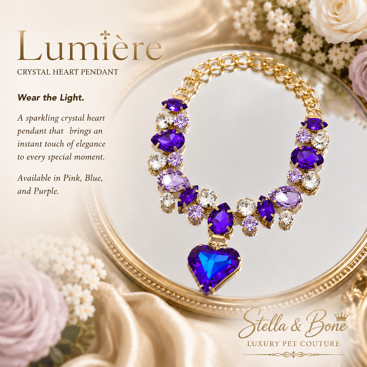 Lumiere purple amethyst crystal heart pendant necklace for dogs and cats on gold tray perfect for wedding or quinceanera