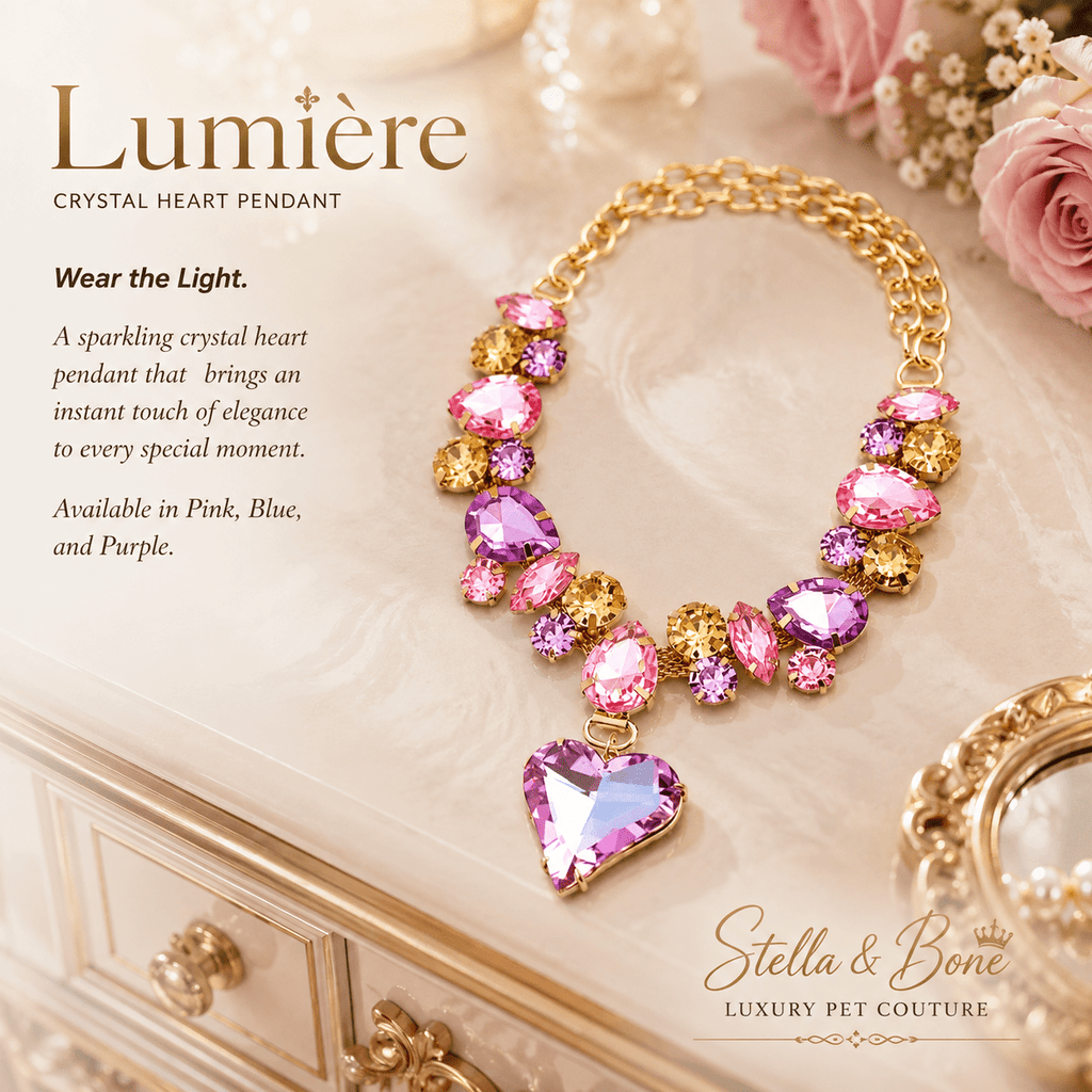 Lumiere lavender blue crystal heart pendant dog and cat necklace on marble vanity luxury pet jewelry gift for wedding