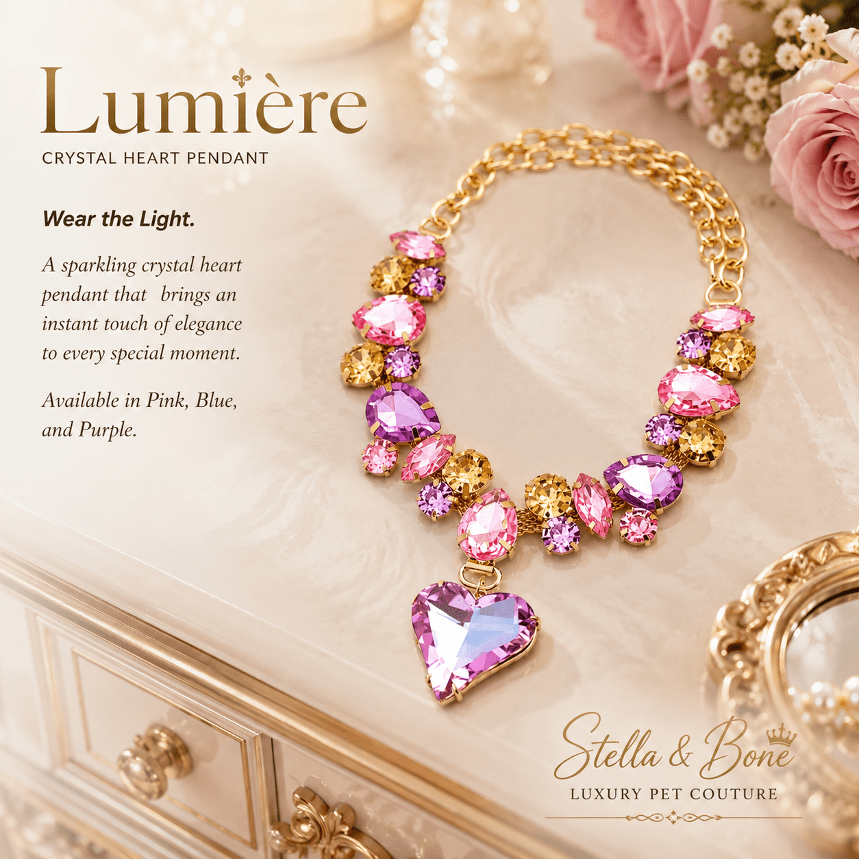 Lumiere lavender blue crystal heart pendant dog and cat necklace on marble vanity luxury pet jewelry gift for wedding