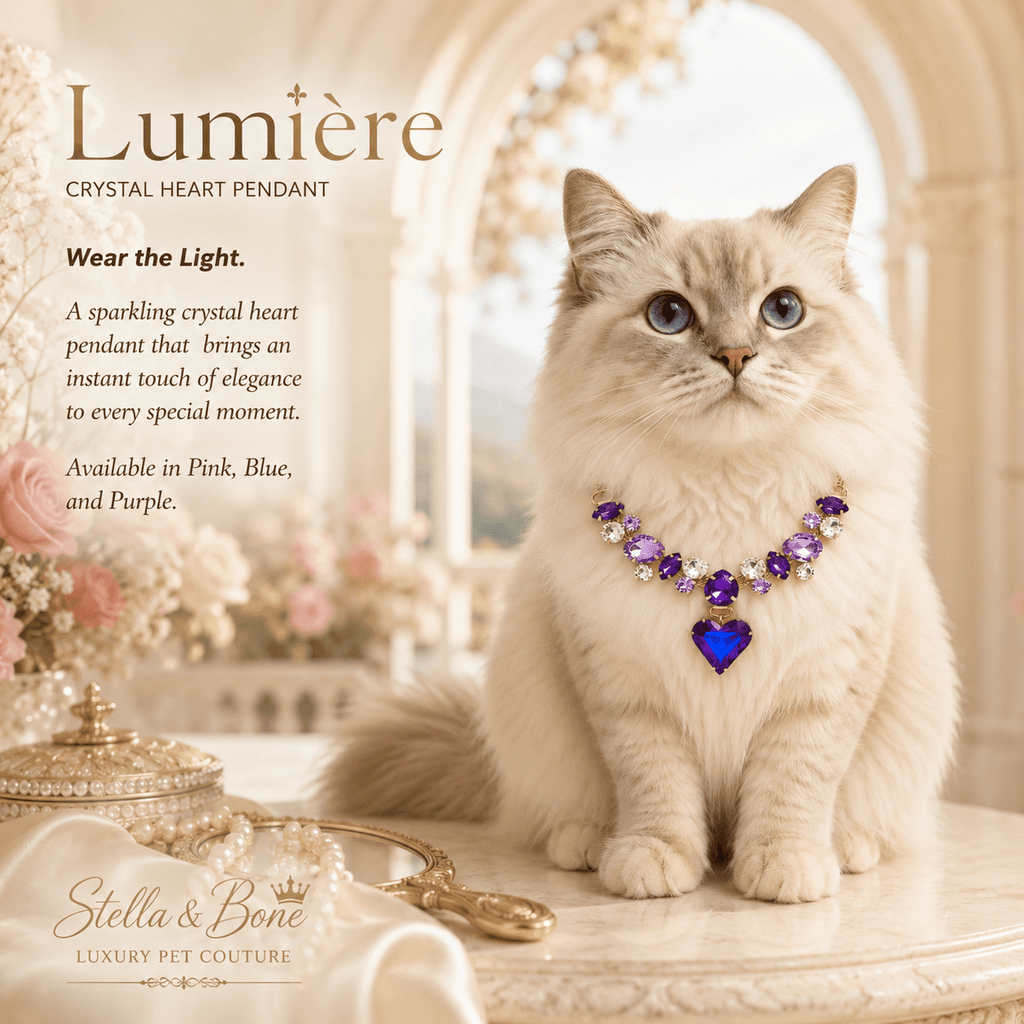 Ragdoll cat wearing Lumiere purple crystal heart pendant necklace luxury cat and dog jewelry for special occasion