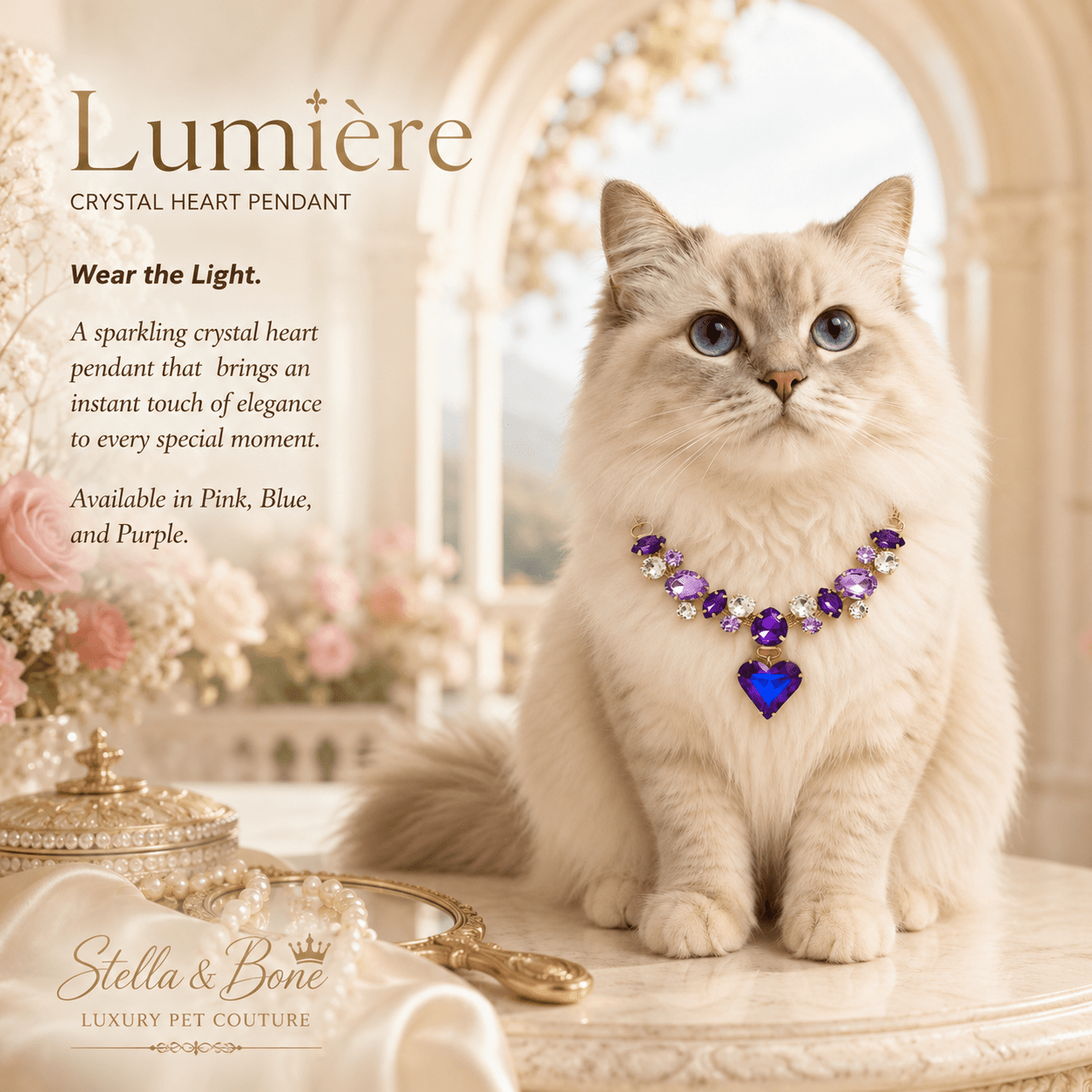 Ragdoll cat wearing Lumiere purple crystal heart pendant necklace luxury cat and dog jewelry for special occasion