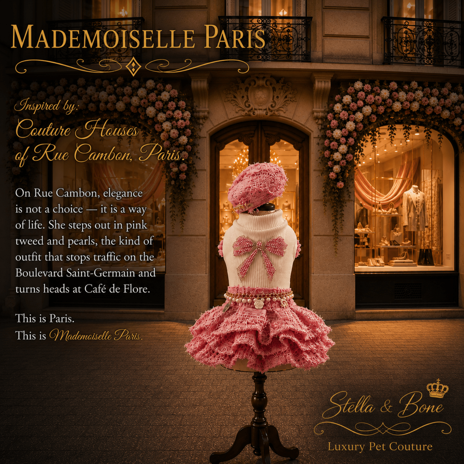 Mademoiselle Paris, pink and white knit pet dress Perfect for luxury pet photoshoots, daily parisian-inspired fashion.