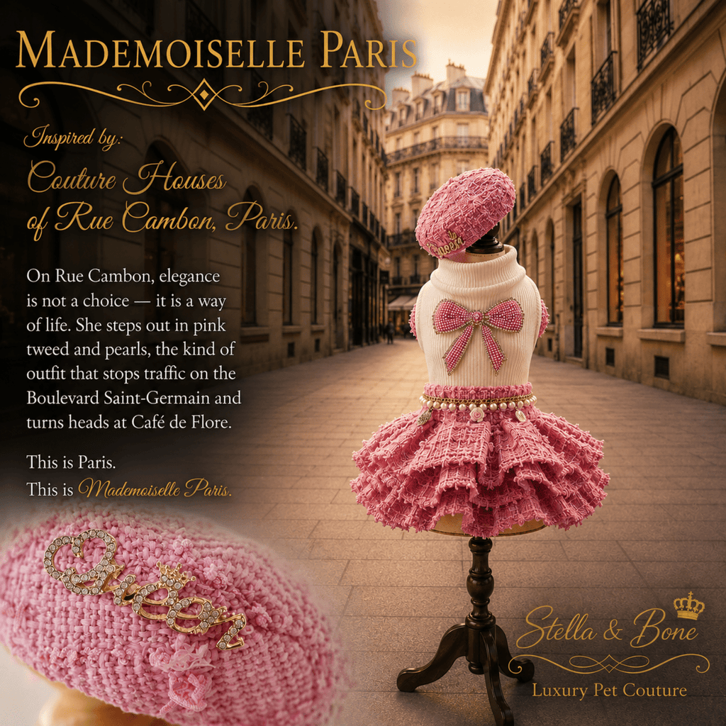 Pink knitted pet outfit, Mademoiselle Paris - Parisian street scene, with matching pink beret, Perfect for everyday wear