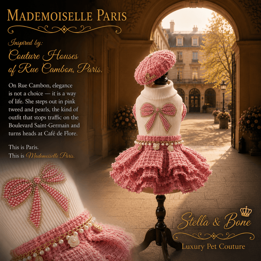 Knit pet outfit, Mademoiselle Paris, cream knit top with a pink beaded bow, pink ruffled skirt, and matching beret.