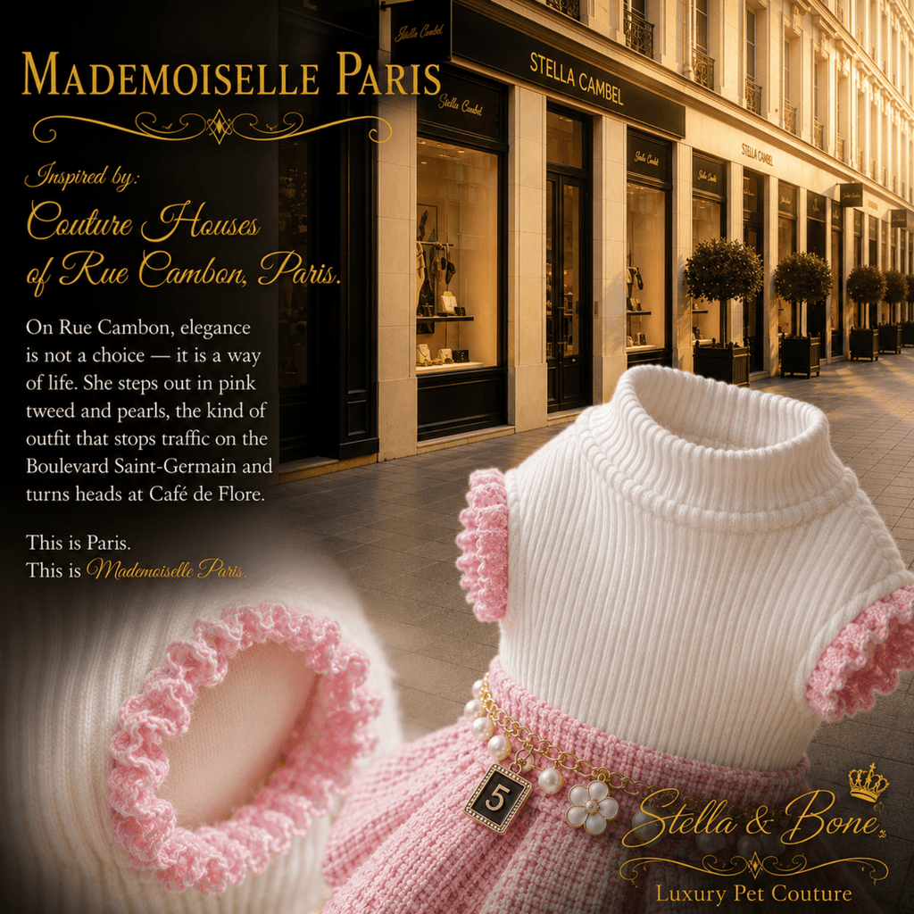 Pet dress, Mademoiselle Paris in front of a Parisian street storefront.  White ribbed turtleneck top & skirt. Stella and Bone