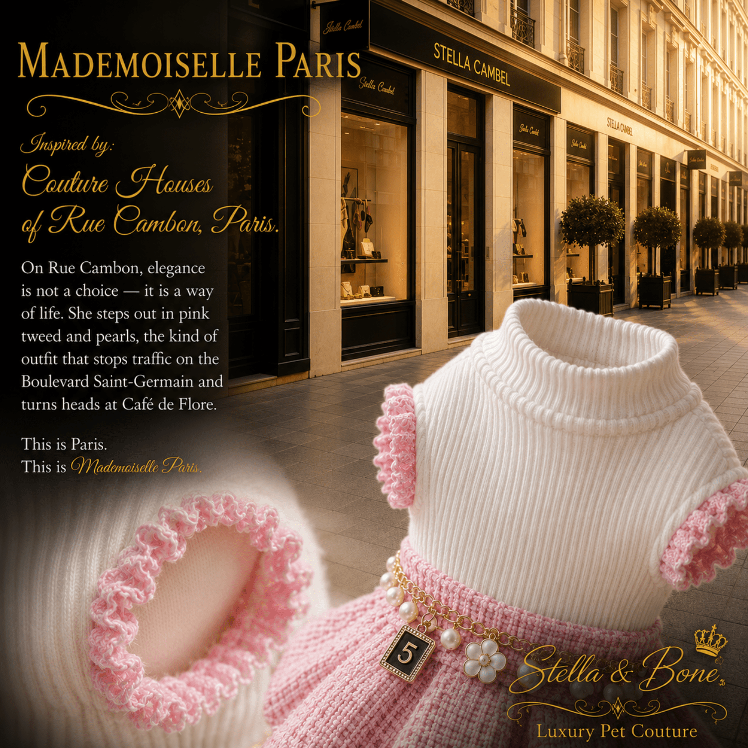 Pet dress, Mademoiselle Paris in front of a Parisian street storefront.  White ribbed turtleneck top & skirt. Stella and Bone
