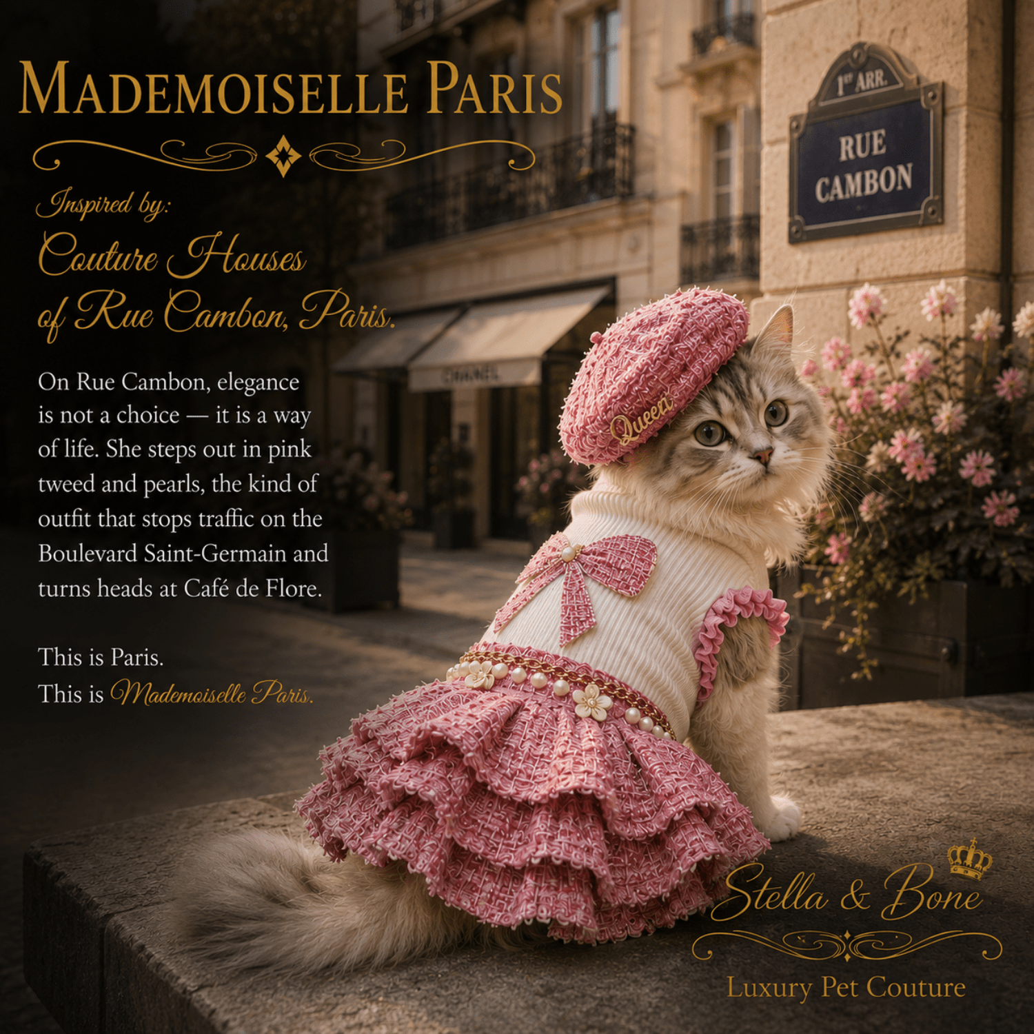 Cat wearing Mademoiselle Paris, a pink crocheted beret and matching ruffled dress  in a Parisian street setting.