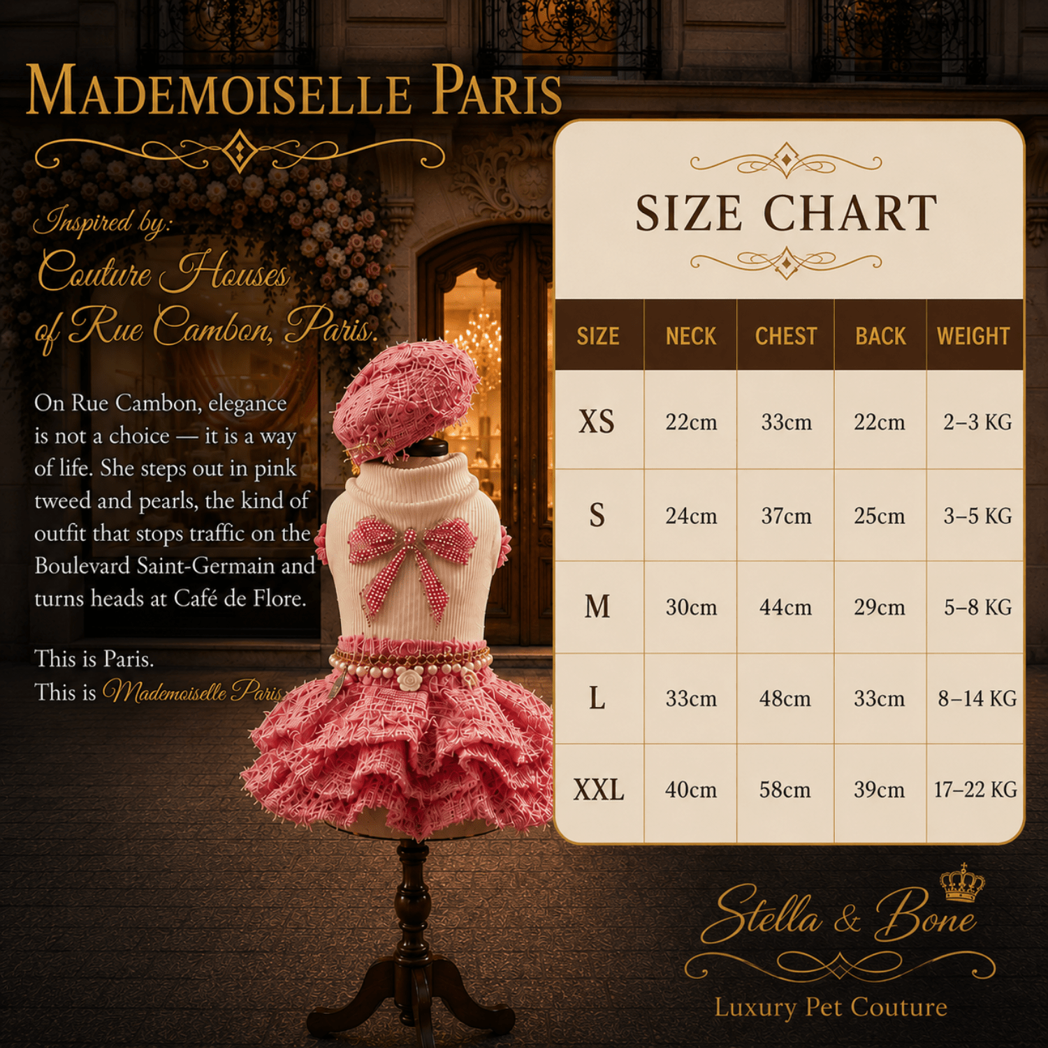 Size chart for Mademoiselle Paris, a pet dress and matching hat, shown alongside a mannequin wearing the pink pet dress.
