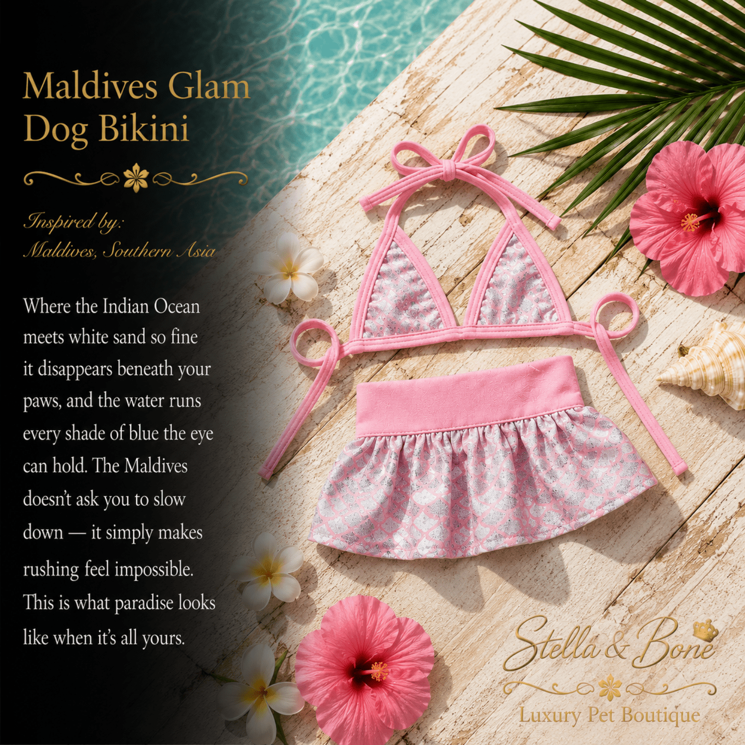 Pink patterned dog bikini swimsuit displayed  with tropical beach props. Maldives Glam Dog Bikini curated by Stella & Bone