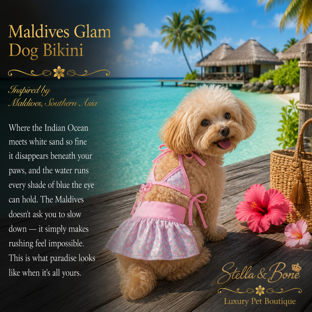 Dog wearing a pink Maldives Glam Dog Bikini stands on a wooden deck with a tropical ocean in Maldives