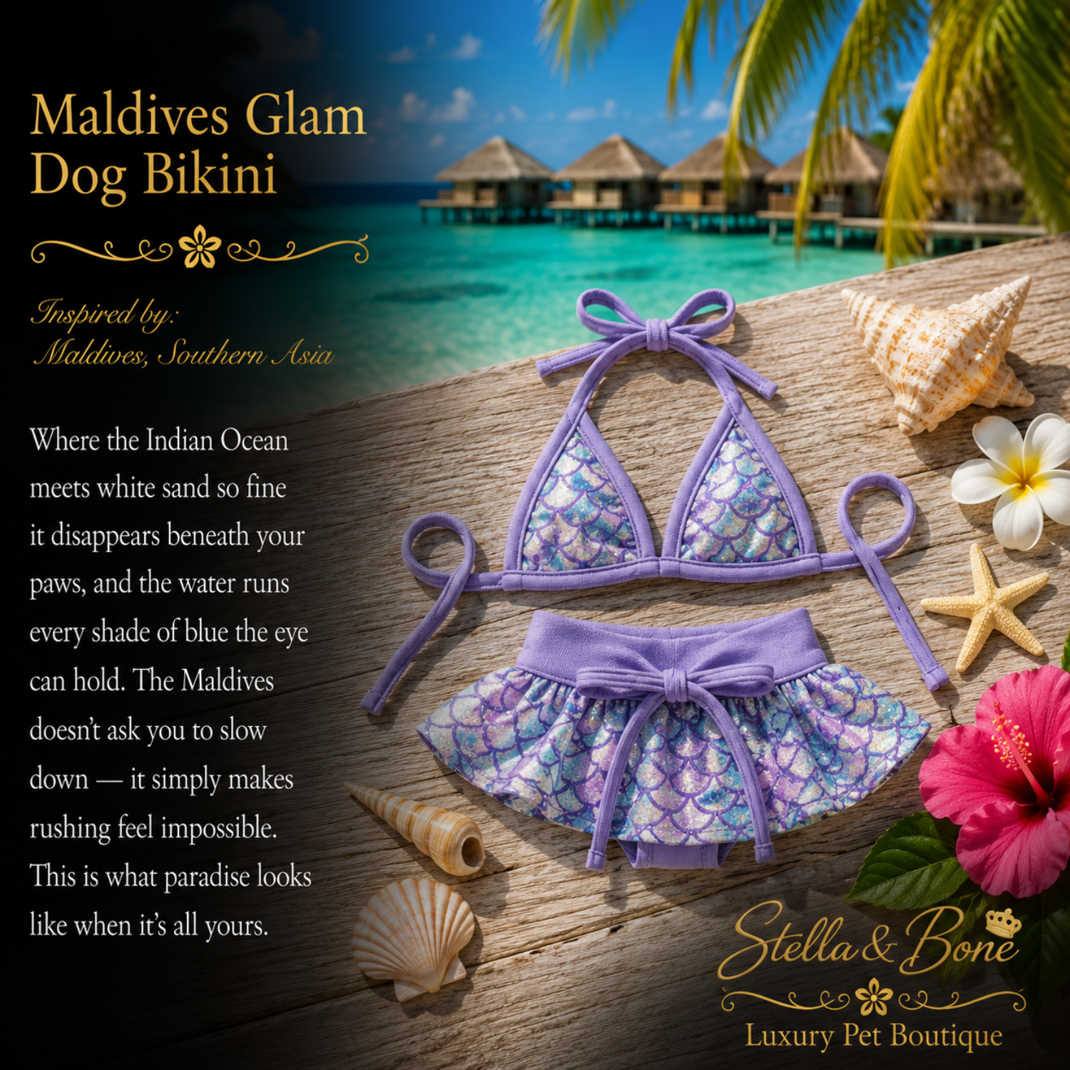 Maldives Glam dog bikini swimsuit, featuring a purple and blue mermaid-scale patterned halter top and ruffled bottom