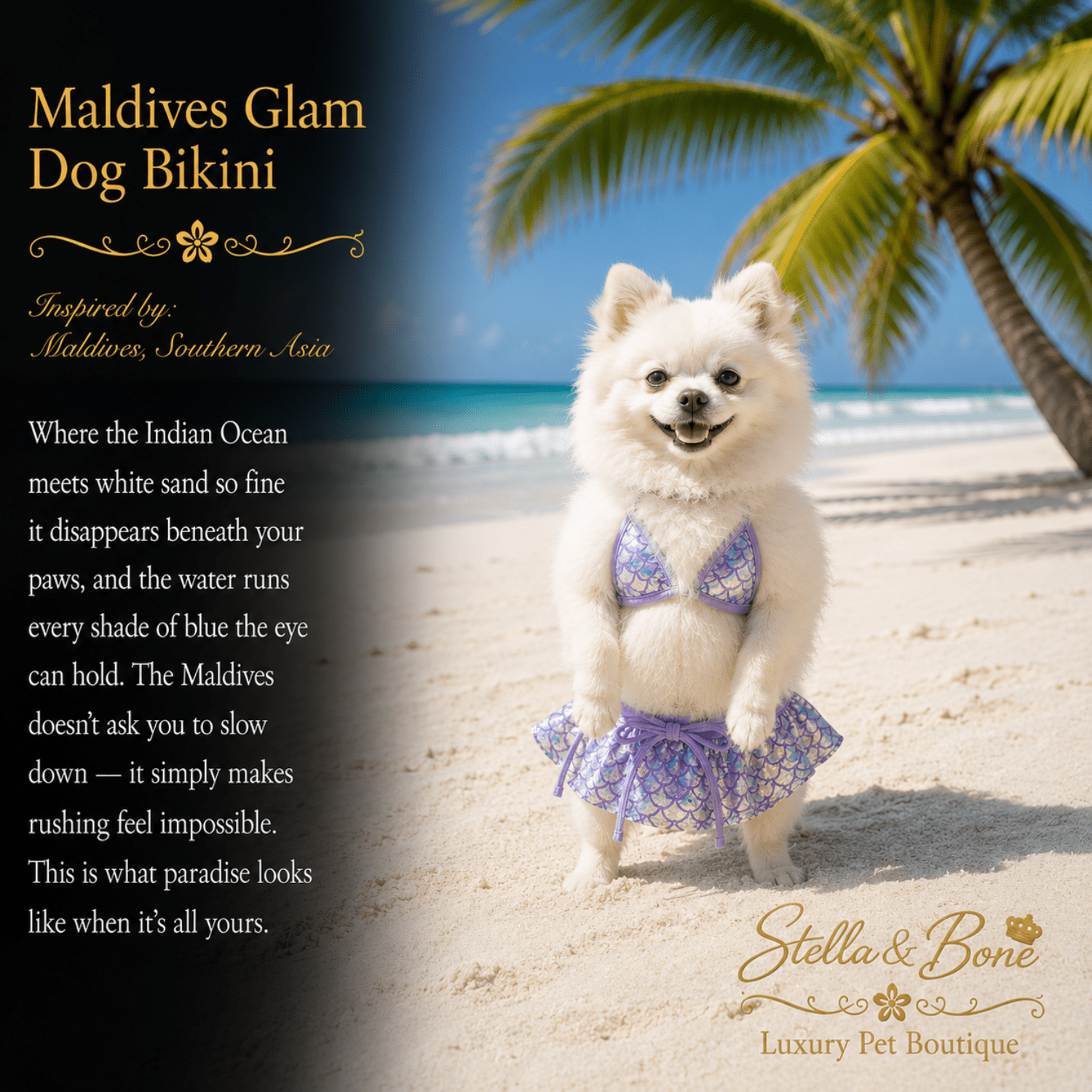 Dog stands on a sandy beach wearing a purple bikini-style outfit, Maldives Glam Dog Bikini in Maldives, Southern Asia 