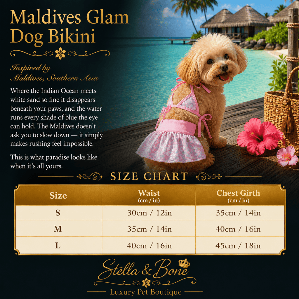 Size chart for Maldives Glam Dog Bikini, featuring a small dog wearing the pink bikini outfit on a tropical beach background