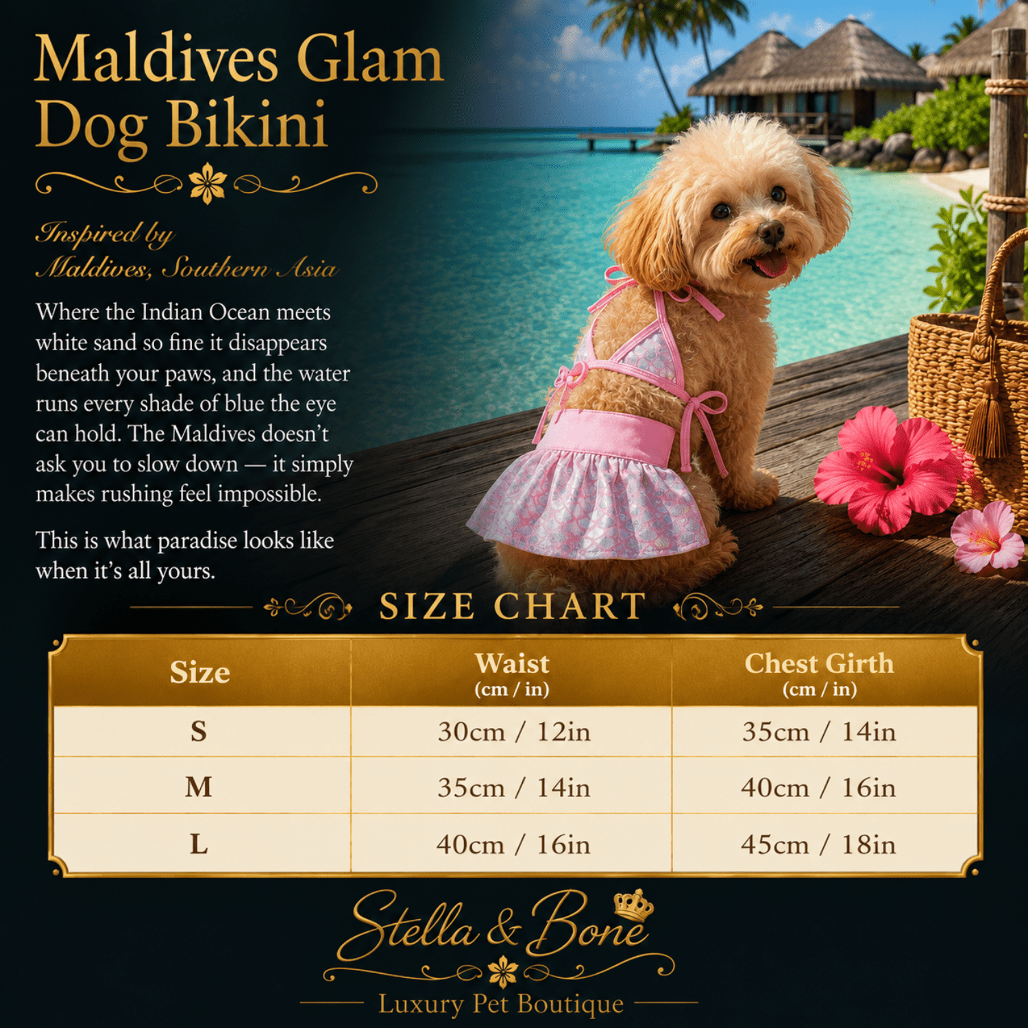 Size chart for Maldives Glam Dog Bikini, featuring a small dog wearing the pink bikini outfit on a tropical beach background