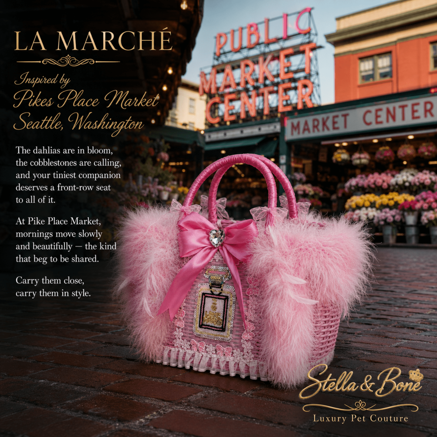 La Marché, Luxury Pink Feather Pet Carrier - Seattle's Pike Place Market. Great luxurious carrier for small pets