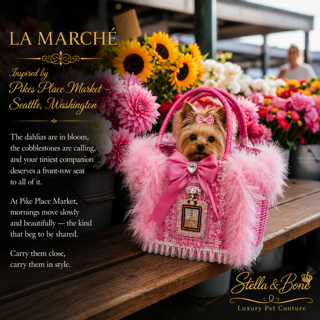 A small dog in La Marché, a luxury pink feather pet carrier. Photo at the farmer's market in Seattle's Pike Place Market.
