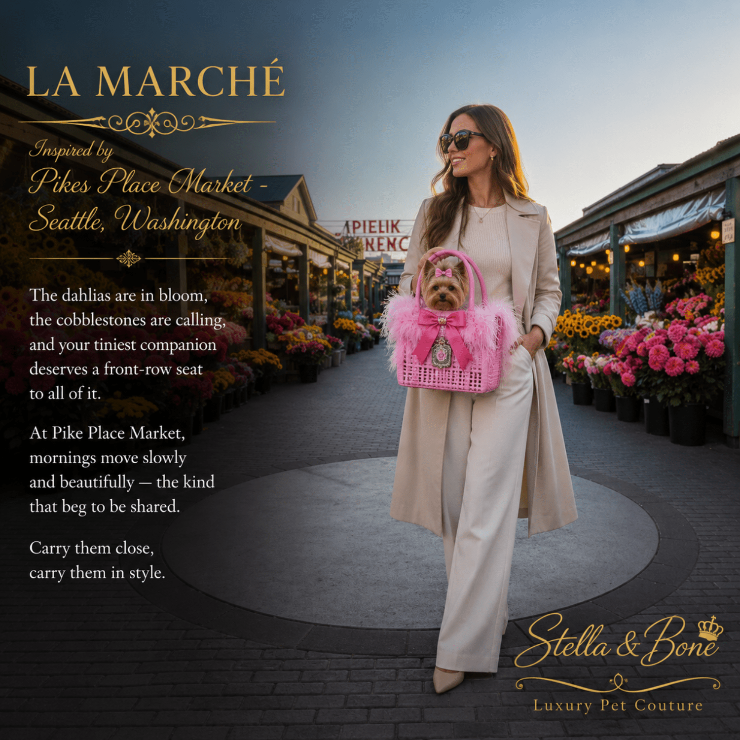 A woman carrying a pet in La Marché, a luxury pink feather pet carrier at Seattle's Pike Place Market. Stella and Bone