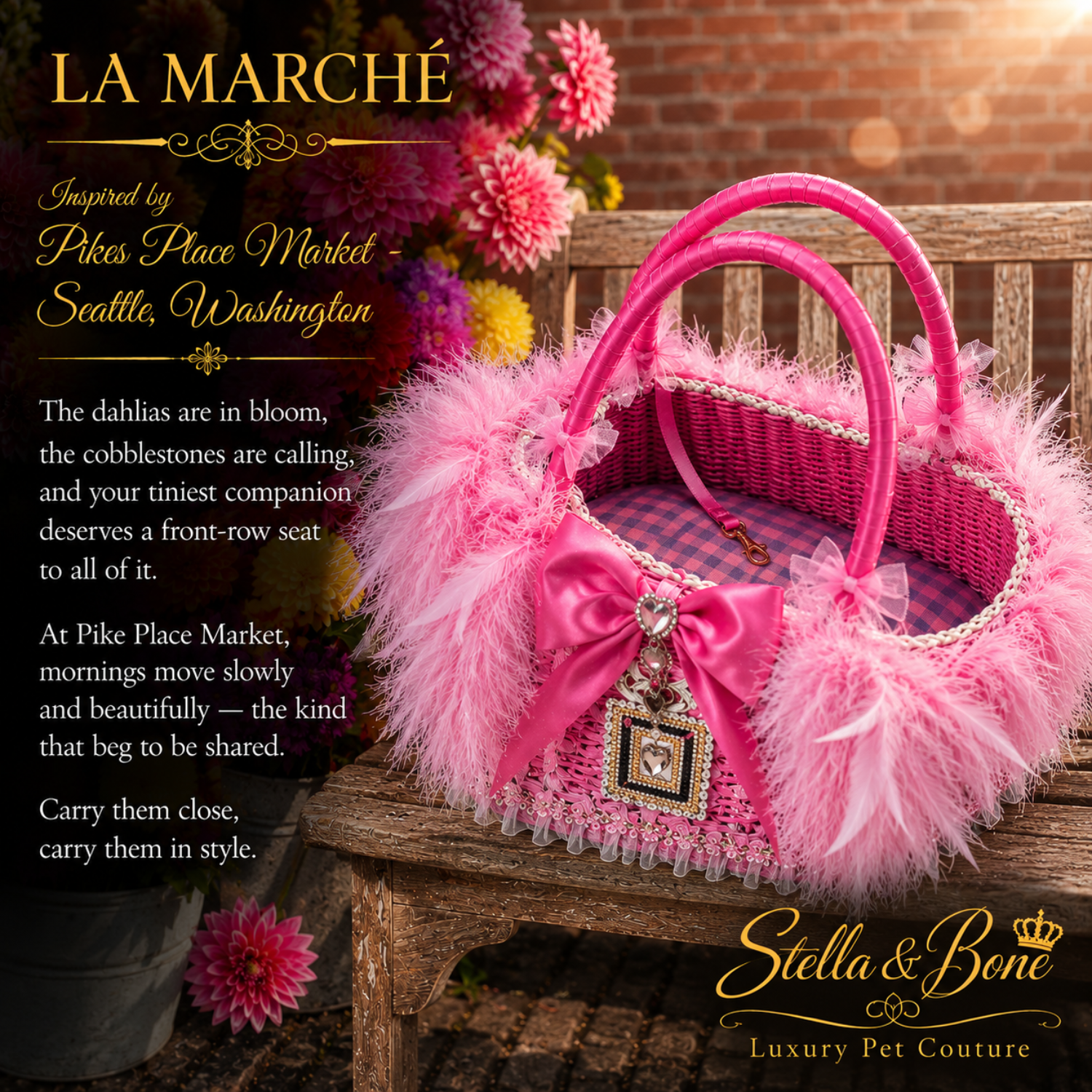 La Marché -  pink finish with feathers, finished with a satin bow and sparkling crystal charm. Built in safety leash.