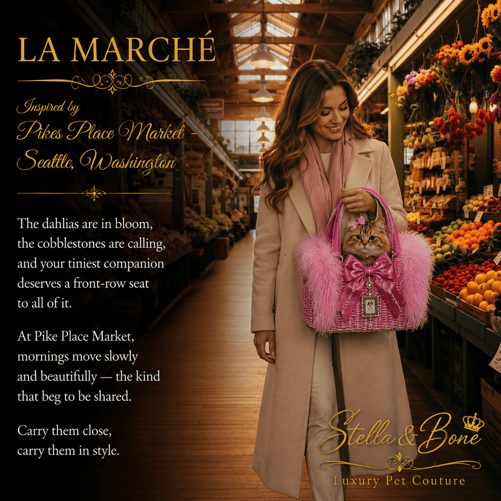 Lady carrying a small cat in the La Marché Luxury Pink Feather Pet Carrier at Seattle's Pike Place Market.