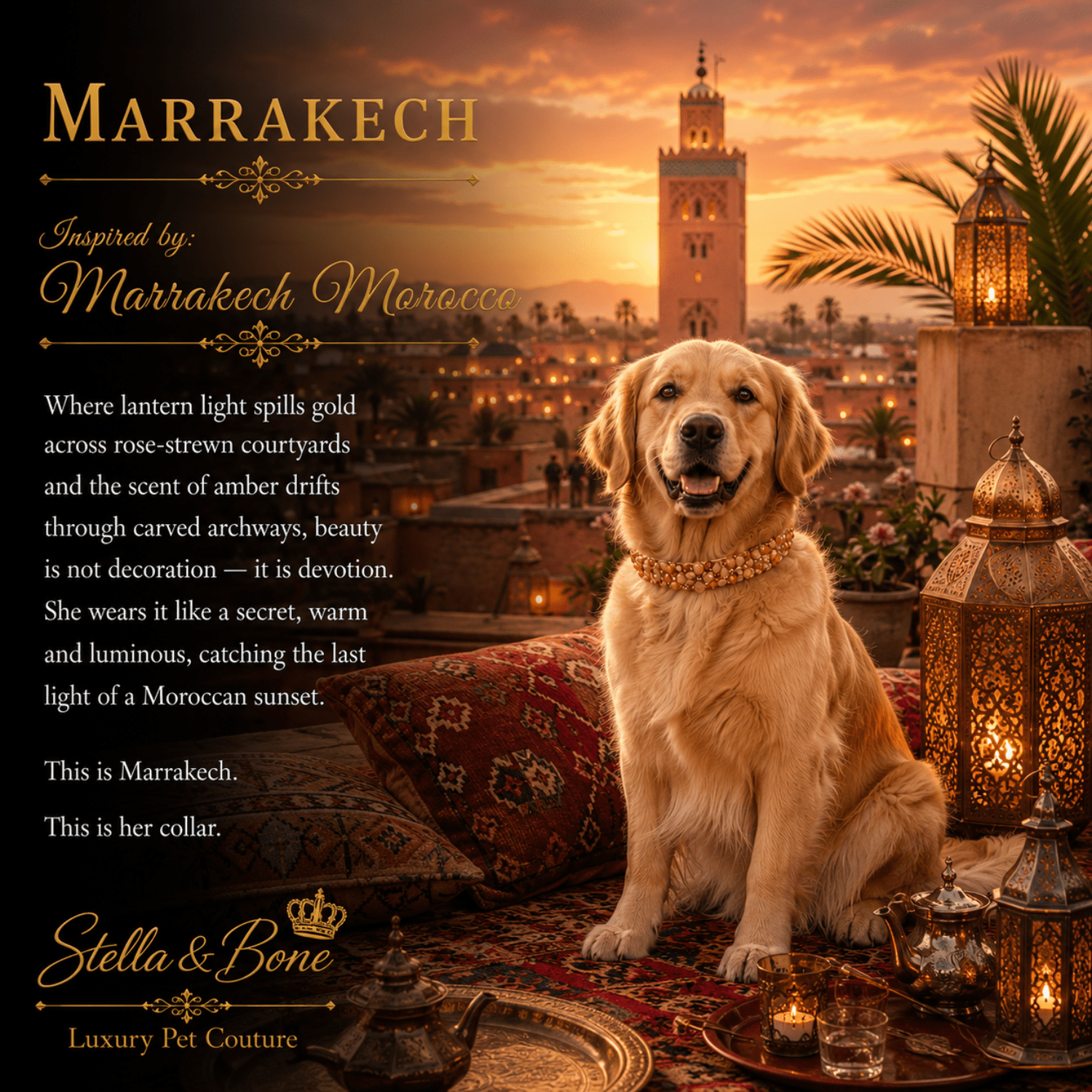 Golden Retriever dog wearing Marrakech, a gold beaded collar sits in a beautifully decorated Moroccan-inspired setting