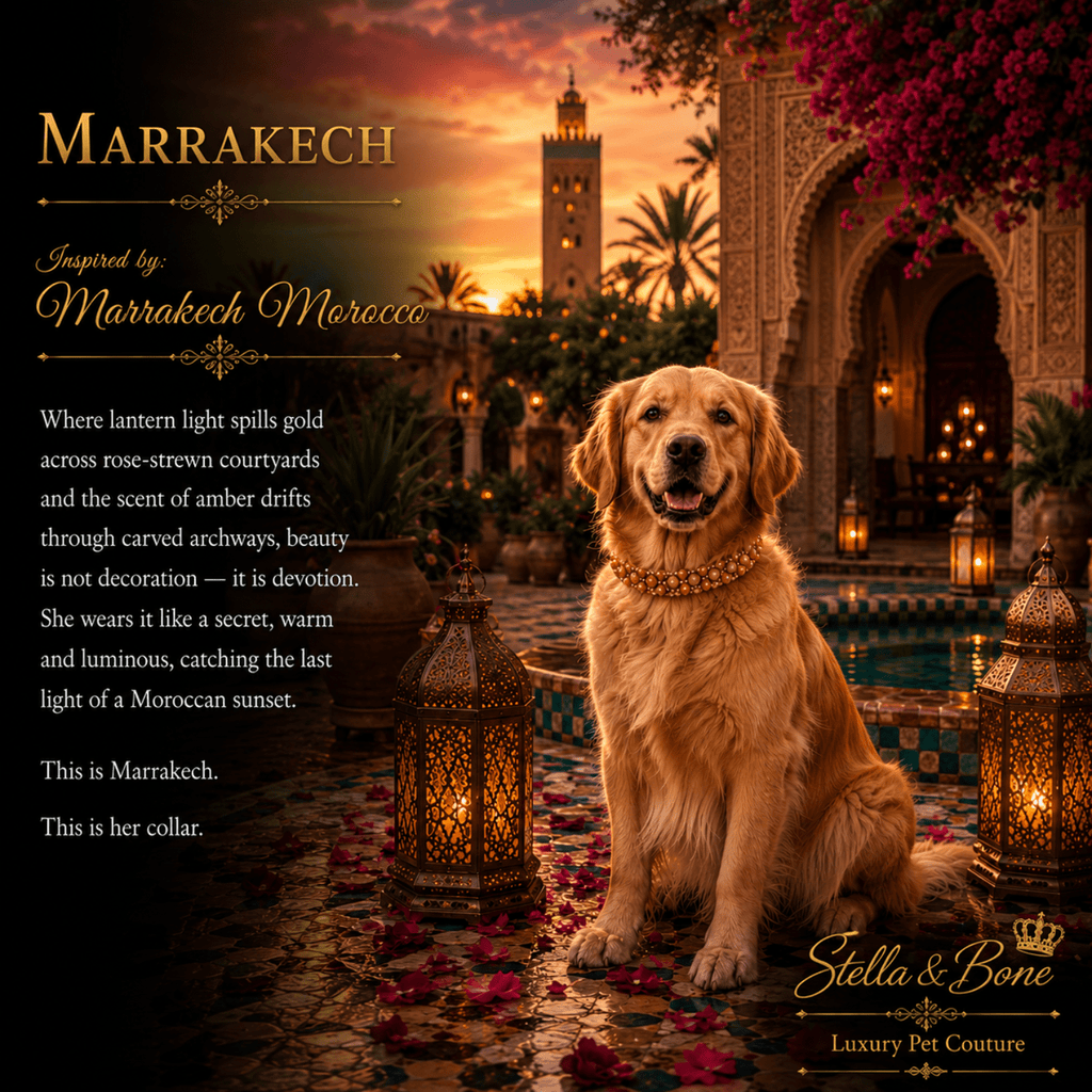 Golden Retriever dog wearing Marrakech, a gold collar sits in front of an ornate Moroccan-style building at sunset.
