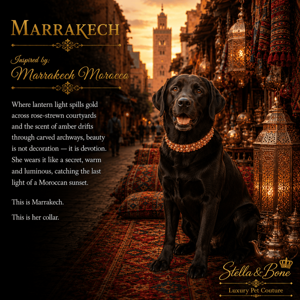 Black lab wearing Marrakech, a gold patterned collar sits in a Moroccan street scene with lanterns and carpets