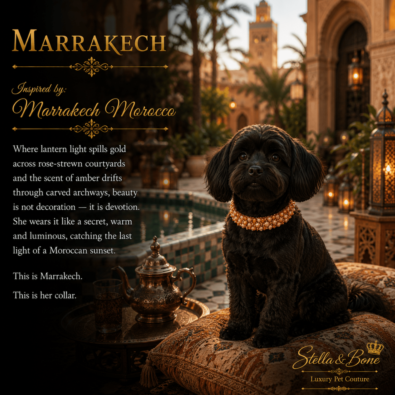 A black poodle wearing, Marrakech a gold beaded collar sits on a patterned cushion in a Moroccan courtyard setting