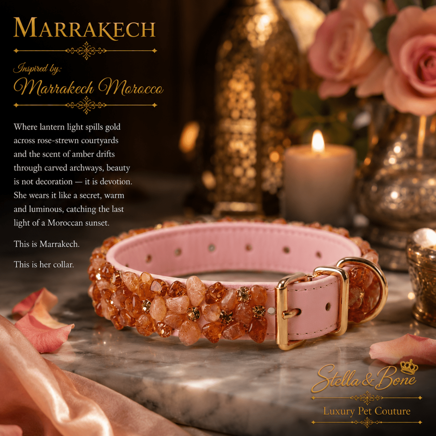 A pink leather dog collar, Marrakech embellished with orange rose quartz crystals and gold hardware, Moroccan-themed
