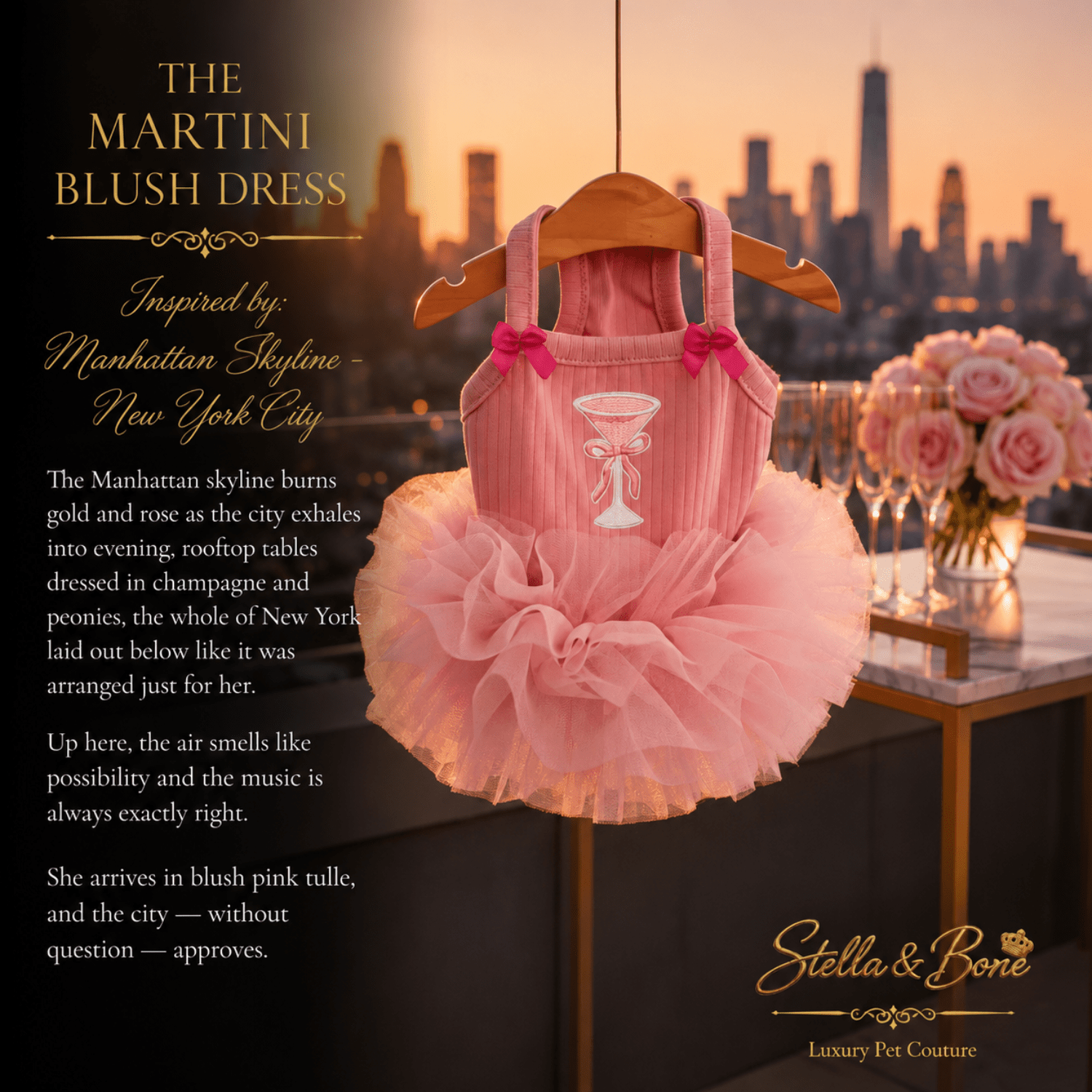 The Martini Blush Dress Satin Tutu Dogs — blush tutu dog dress on hanger at Manhattan rooftop with champagne and peonies