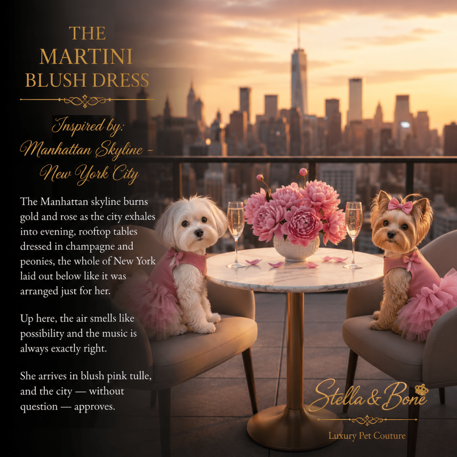 The Martini Blush Dress Satin Tutu Dogs — Maltese and Yorkie in blush tutu dresses for birthdays at Manhattan rooftop