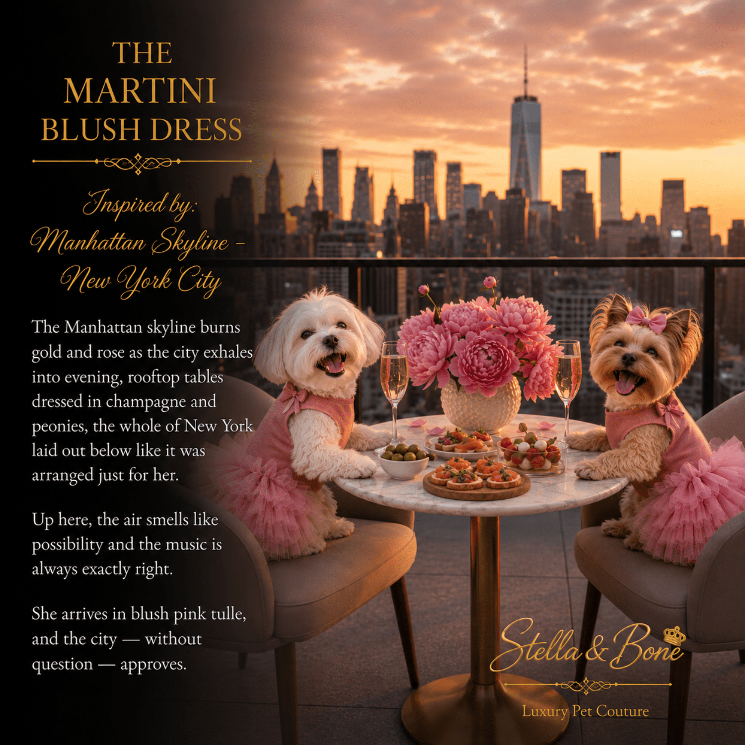 The Martini Blush Dress Satin Tutu Dogs — two dogs in blush pink dog dresses celebrating a birthday NYC rooftop at sunset