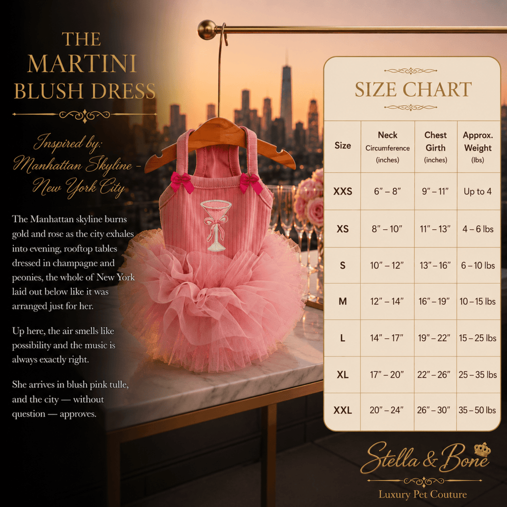 The Martini Blush Dress Satin Tutu Dogs — size chart XXS to XXL for blush pink satin tutu dog dress by Stella and Bone