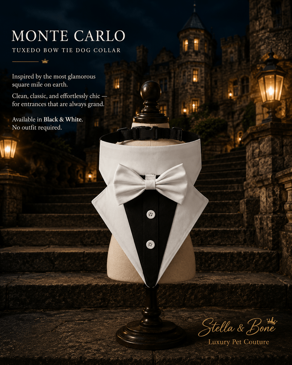 Monte Carlo | Tuxedo Bow Tie Dog Collar | Stella & Bone