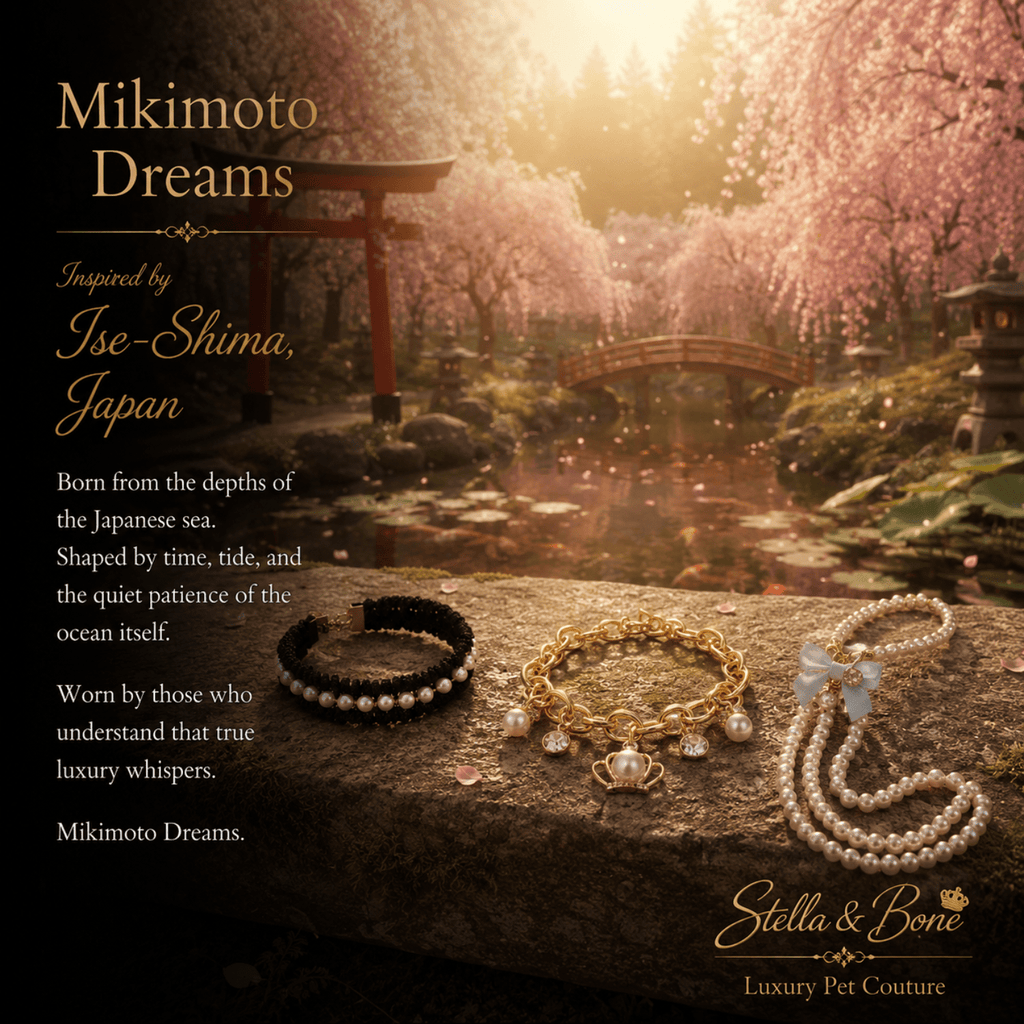 Three luxury pet collars and leashes, Mikimoto Dreams displayed on a stone bridge in a Japanese garden. Perfect for weddings.