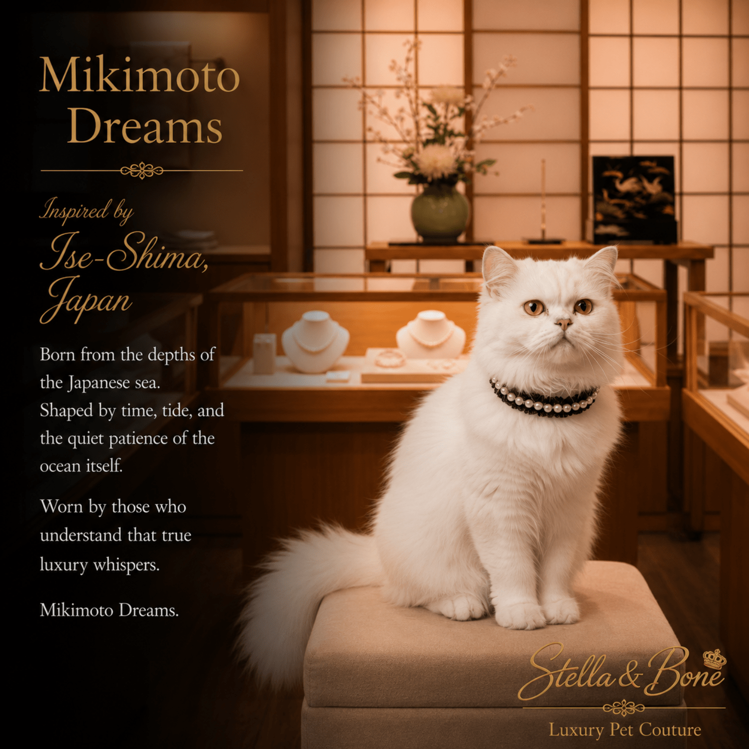 A fluffy white cat wearing a black collar, Mikimoto Dreams with white pearls sits in a warm Japanese style room.