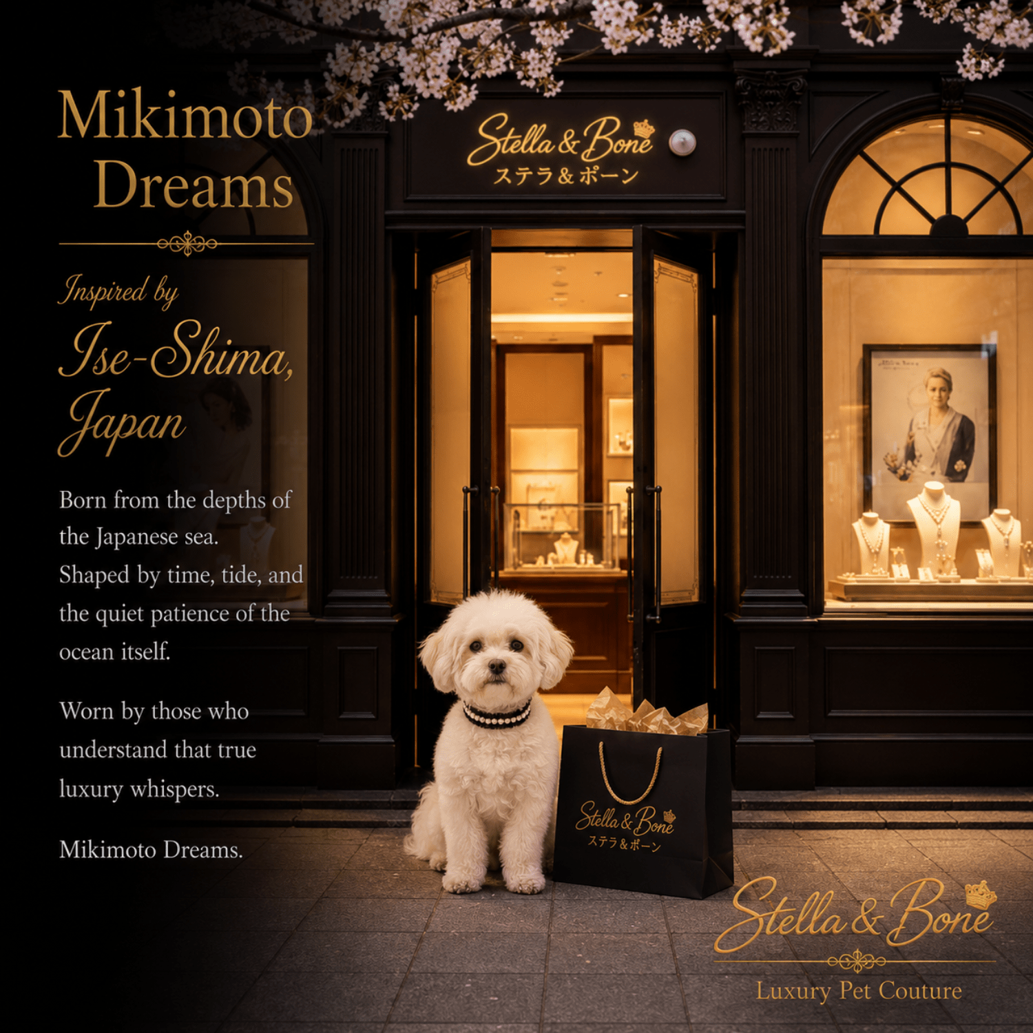 A dog sits in front of a dark storefront wearing Mikimoto Dreams with a Stella and Bone shopping bag.
