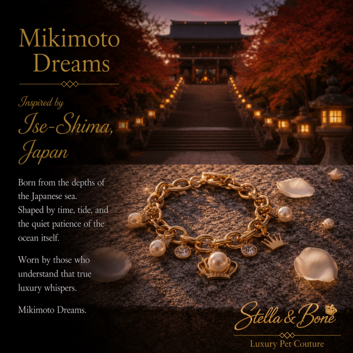 A gold chain dog necklace with pearl and crown charms, Mikimoto Dreams. Background is a scenic Japanese temple path at dusk