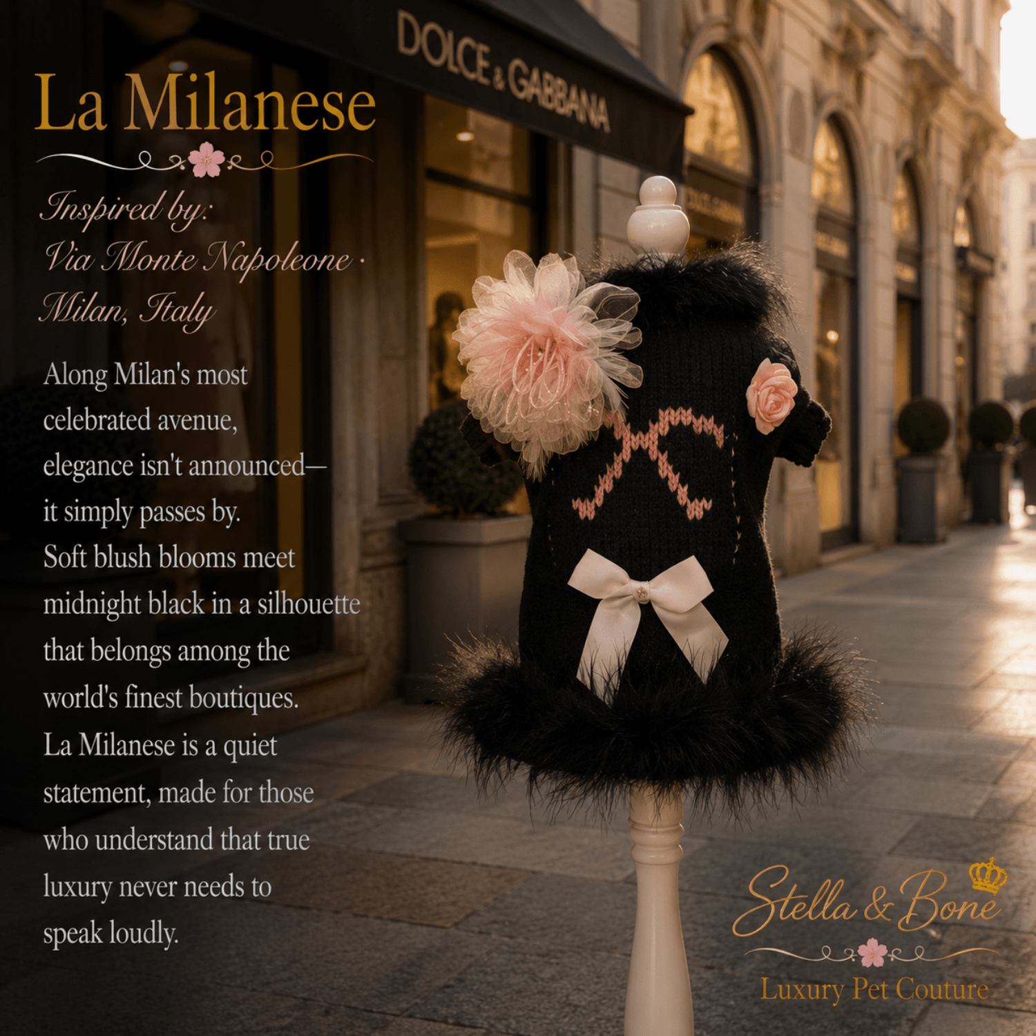 Black knit pet dress, La Milanese with pink embroidery, a large pink flower, and a white bow in Milan, Italy