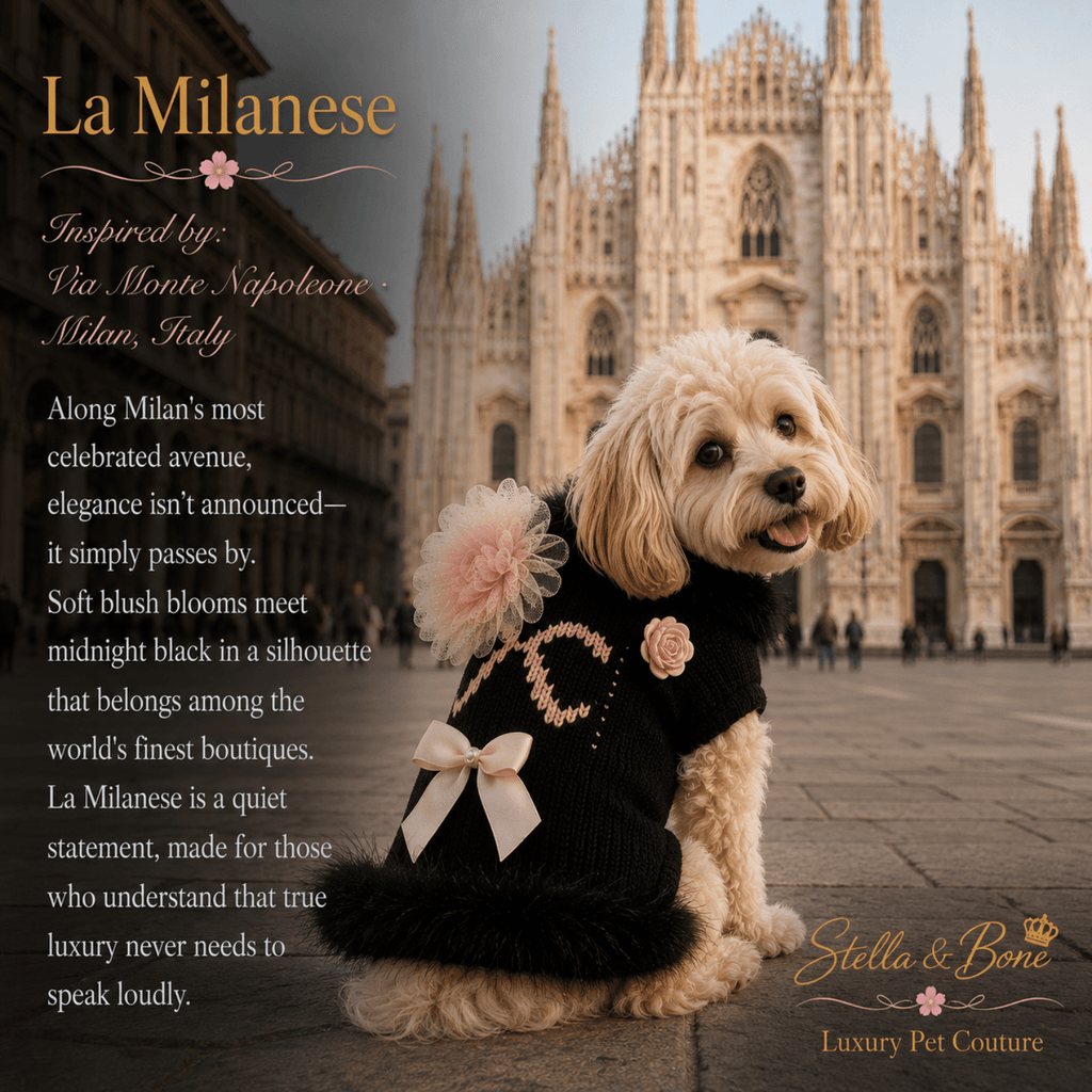 Dog wearing La Milanese a black knit dress with pink floral accents and a pink bow,  at ornate Milanese cathedral in Milan