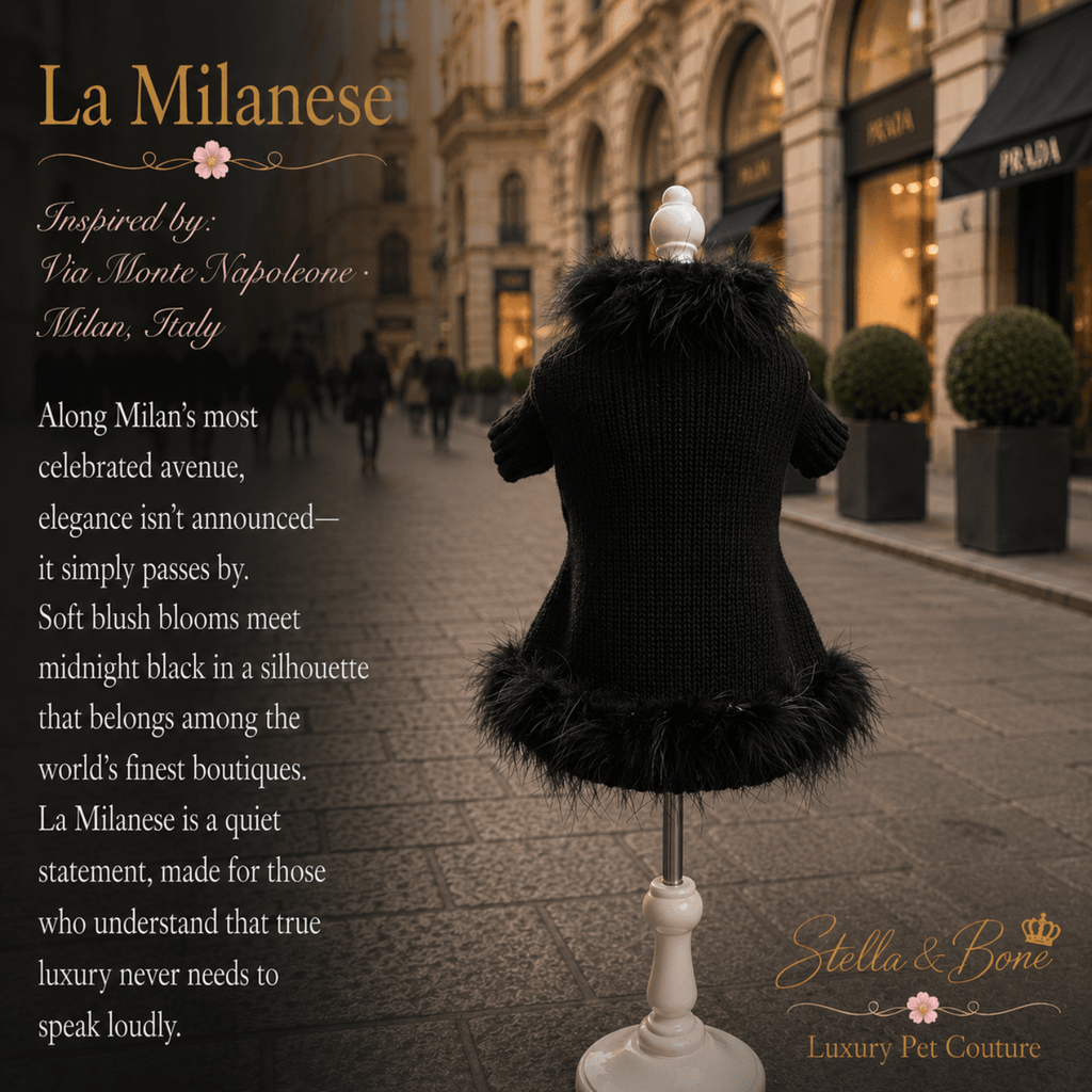 A black pet dress, La Milanese with fluffy faux-fur trim set against a blurred street scene in Milan, Italy. 