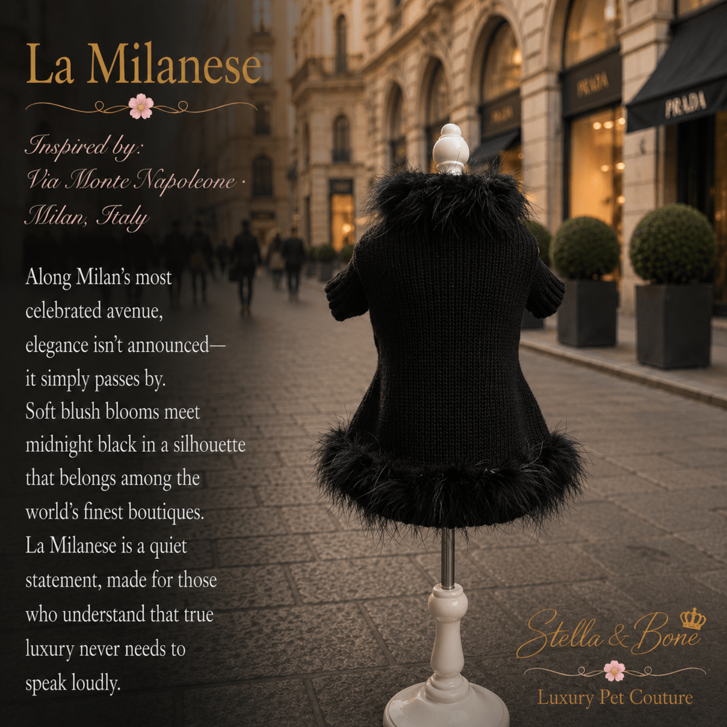 A black pet dress, La Milanese with fluffy faux-fur trim set against a blurred street scene in Milan, Italy. 