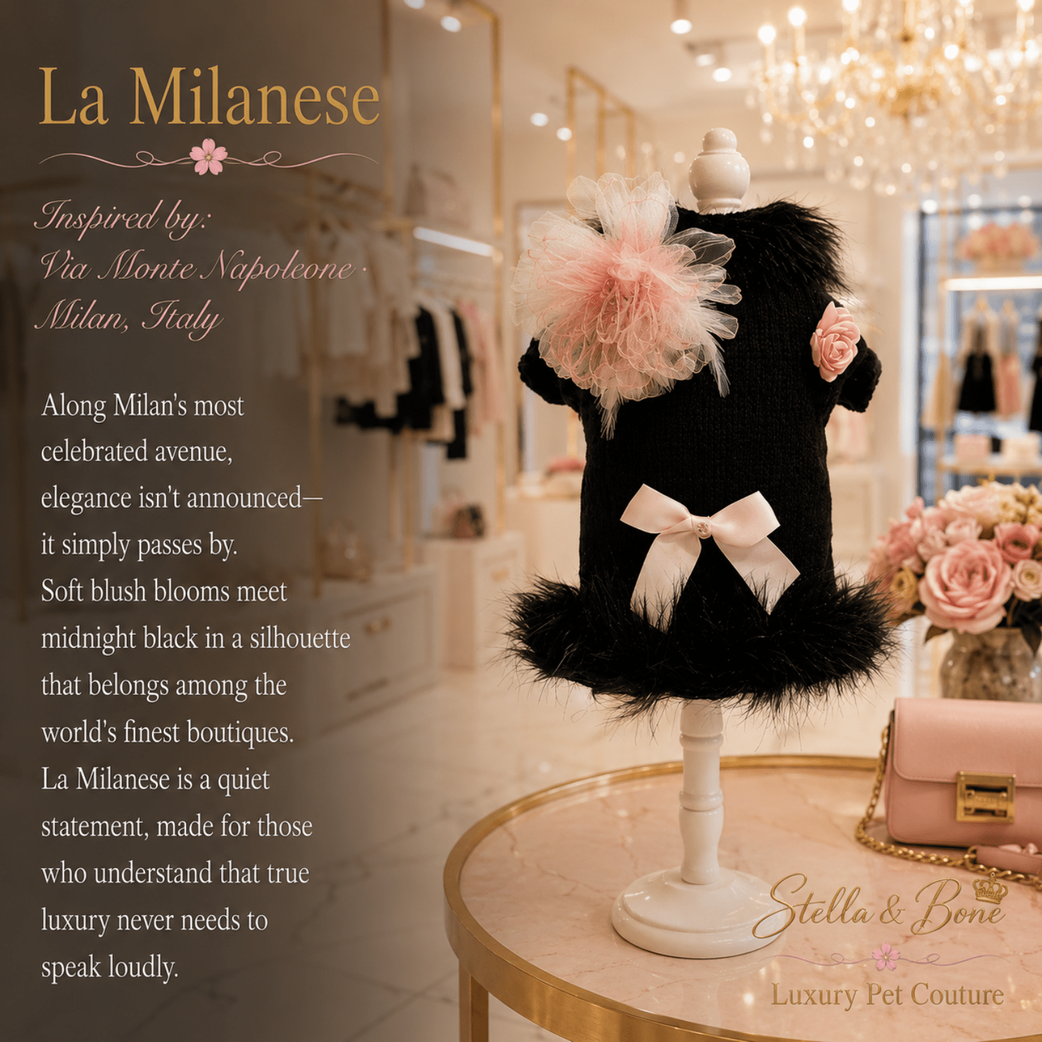 Black knit pet dress, La Milanese, decorated with a pink tulle bow, a pink feather accent, and pink fabric flower.