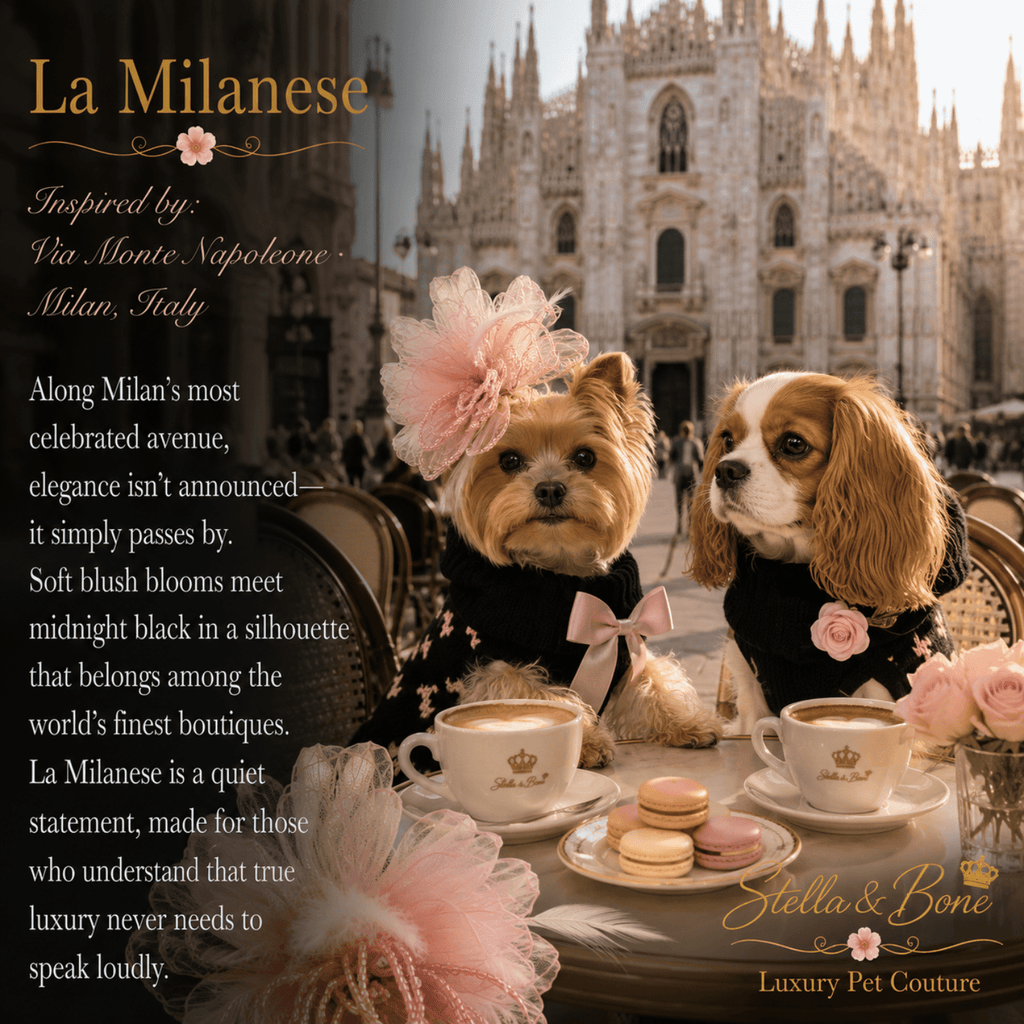 Two small dogs in elegant black outfits, and pink floral, La Milanese at a cafe table with macarons at the Milan Cathedral