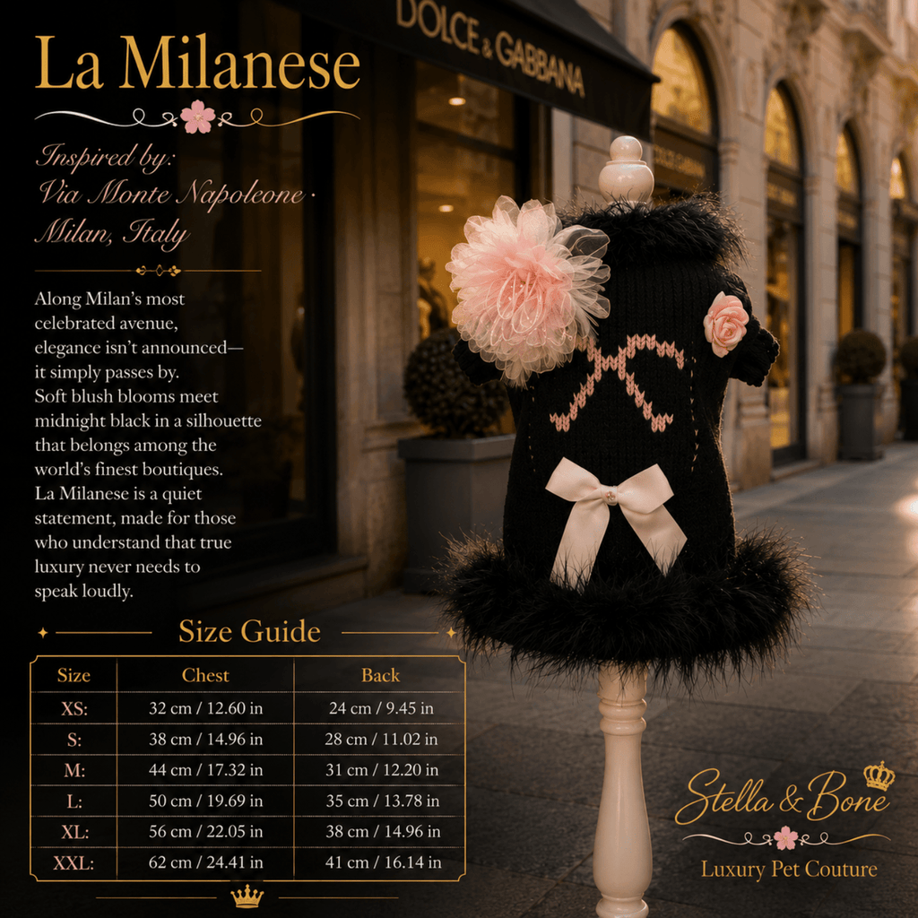 Black faux-fur pet dress, large pink tulle flower and a white bow on the front, La Milanese in Milan. Size chart