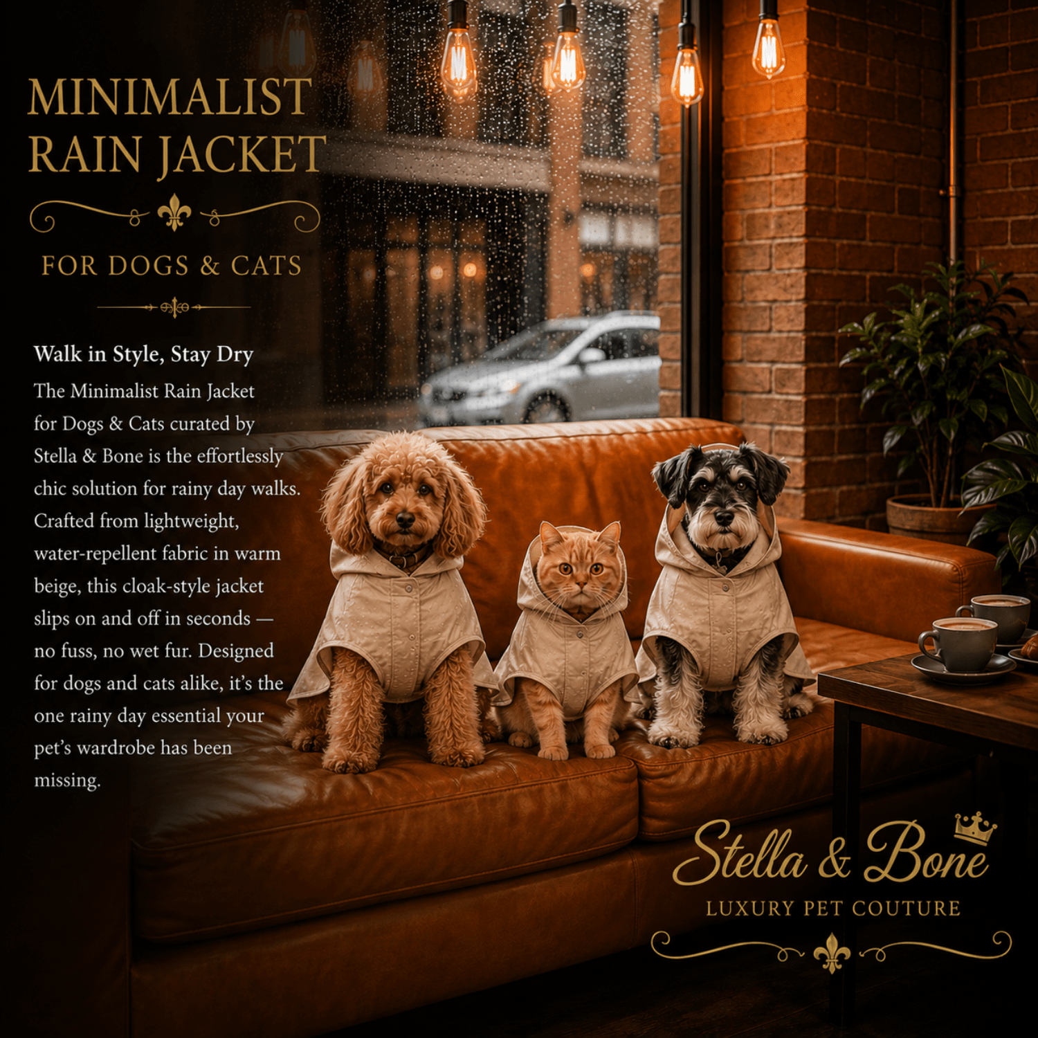 Minimalist Rain Jacket for Dogs and Cats Beige — two dogs and a cat in beige rain jackets at a cozy rainy day cafe