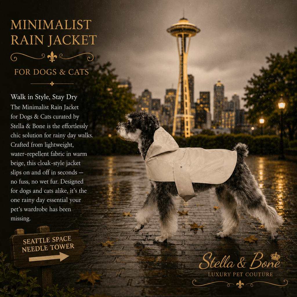 Minimalist Rain Jacket for Dogs and Cats Beige — Schnauzer in beige rain jacket on rainy walk near Seattle Space Needle
